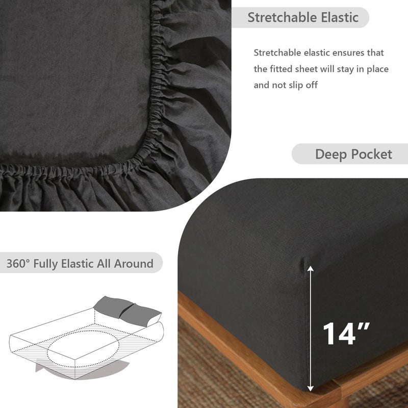 Simple&Opulence 100% Linen Fitted Sheet King(1 Piece), 14 Inch Deep Pocket Mattress Cover Natural French Flax Stone Washed Farmhouse Soft Breathable Bottom Sheets-Charcoal Grey - Image 3